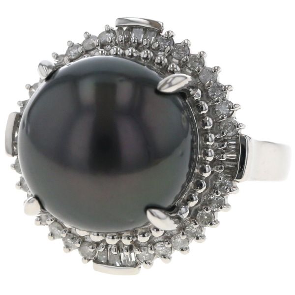 Pt 900 プラチナ リング 黒蝶真珠 14.5 mm ダイヤモンド 0.45 ct 取り巻き ミル打ち アラベスク 指輪 16.5号 仕上済 zz