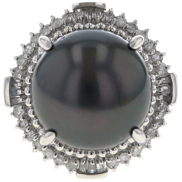 Pt900 プラチナ リング 黒蝶真珠 14.5mm ダイヤモンド 0.45ct 取り巻き ミル打ち アラベスク 指輪 16.5号 仕上済 zz