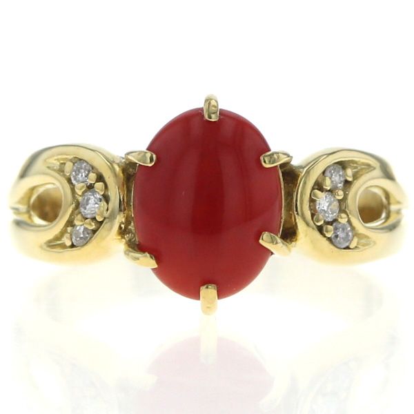 K18YG イエローゴールド リング サンゴ 珊瑚 ダイヤモンド 0.06ct カボション 透かし 指輪 11号 仕上済 zz