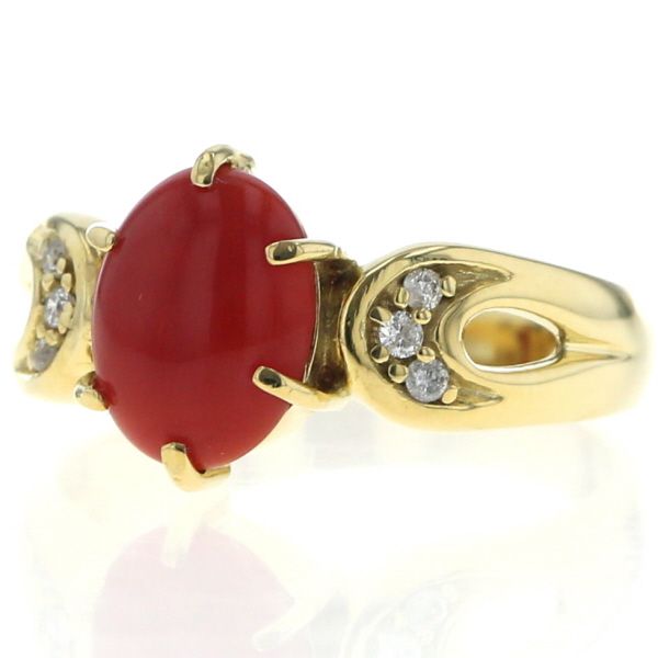 K 18 YG イエローゴールド リング サンゴ 珊瑚 ダイヤモンド 0.06 ct カボション 透かし 指輪 11号 仕上済 zz