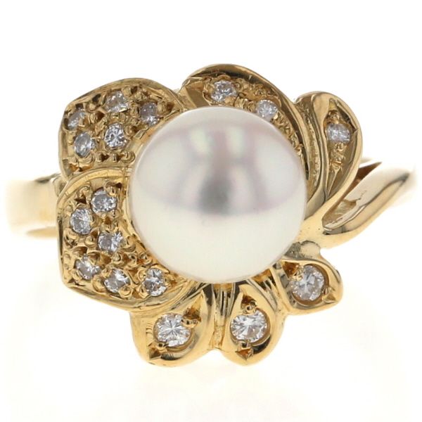 K18YG イエローゴールド リング パール 真珠 7.4mm ダイヤモンド 0.14ct ラウンド 花 フラワー デザイン 指輪 8.5号 仕上済 zz