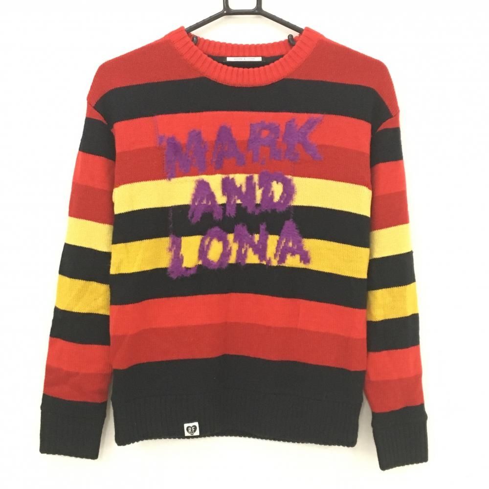 超 マークアンドロナ セーター レッド×黒×イエロー ボーダー ニット ウール混 裏地付 レディース 38 M ゴルフウェア MARK&LONA