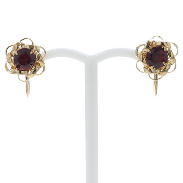 K18YG イエローゴールド イヤリング ガーネット ラウンド 花 フラワー モチーフ シンプル 仕上済 zz