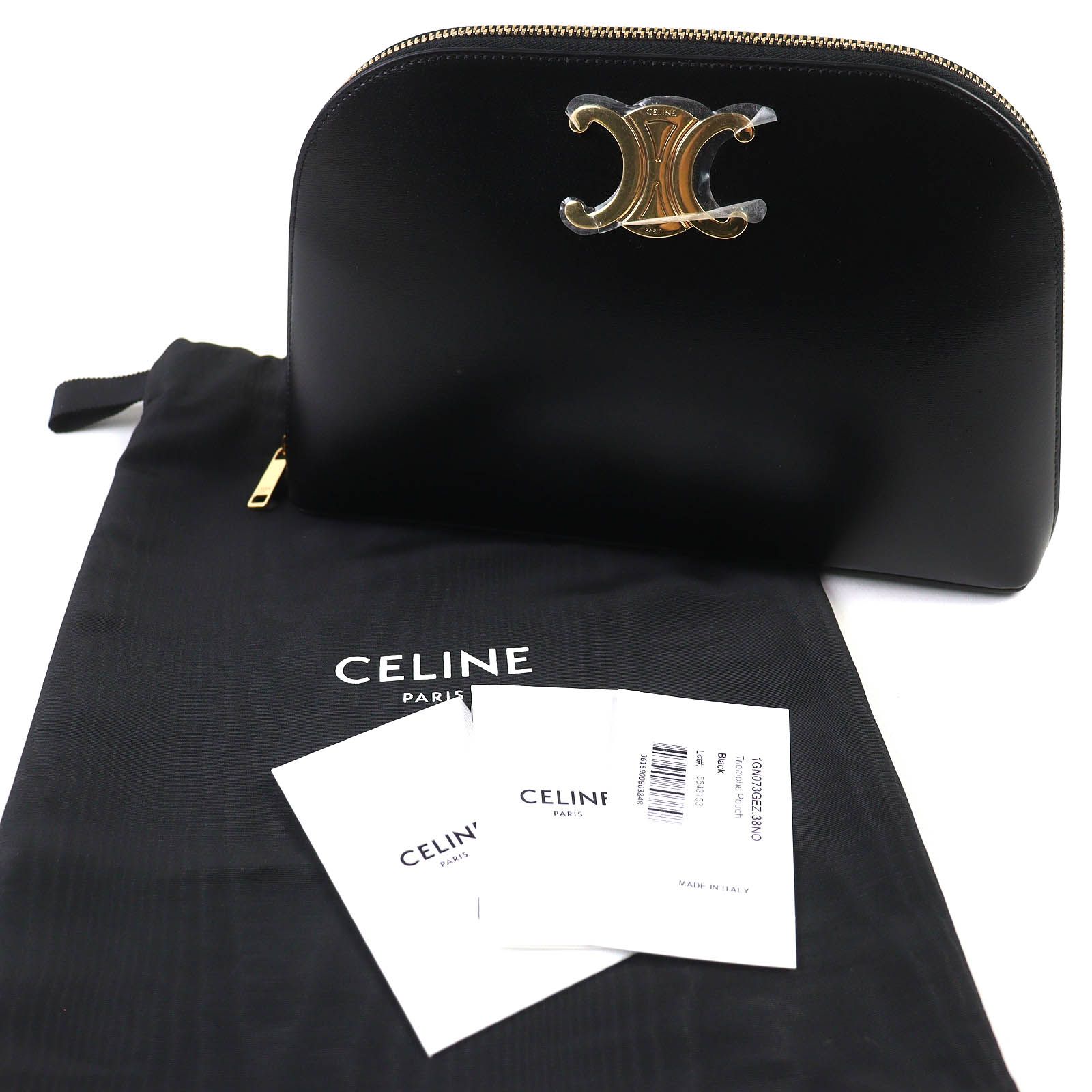 CELINE セリーヌ 10N073GEZ カーフスキン トリオンフ ラウンドファスナー ポーチ ブラック ゴールド金具 保存袋付き レディース