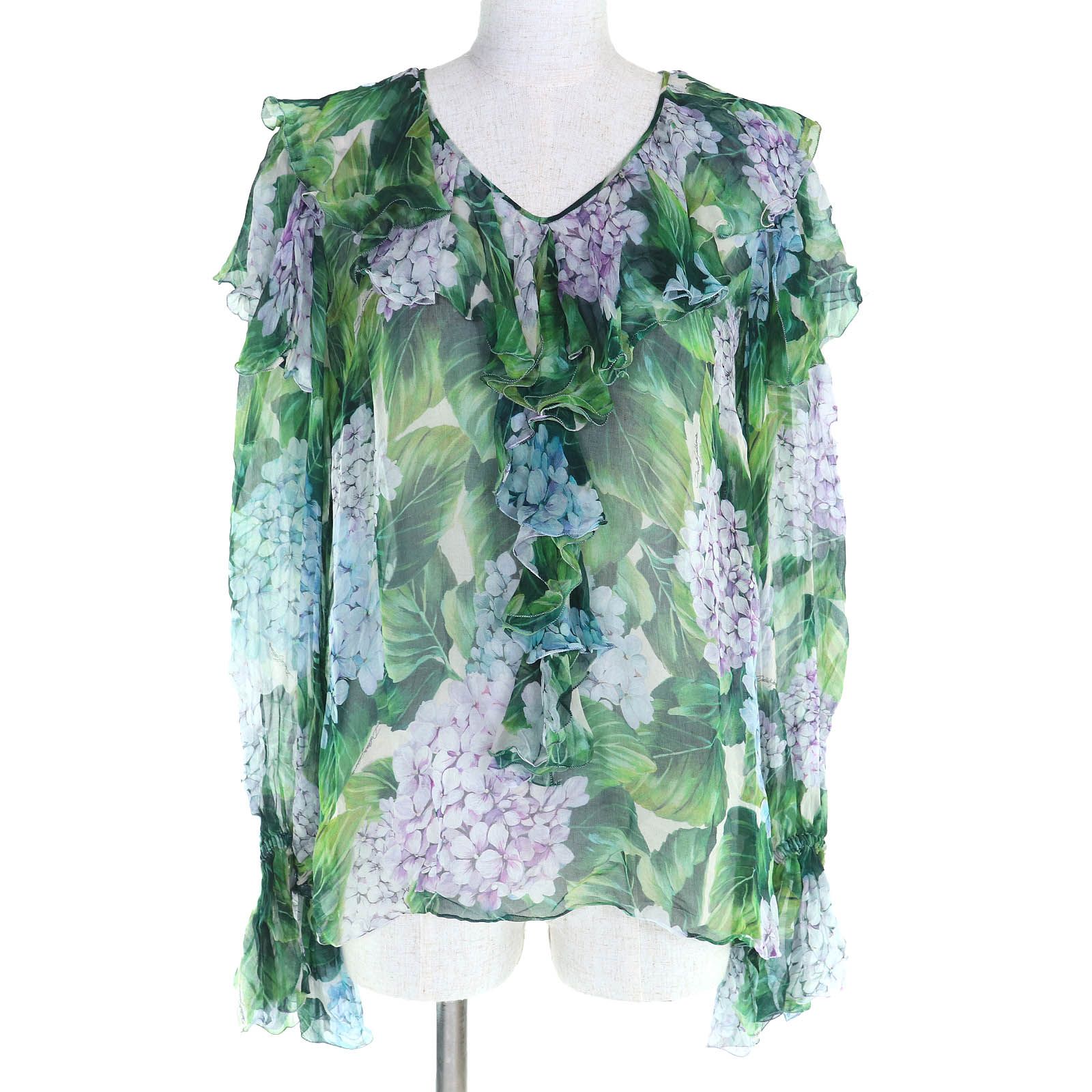 DOLCE-GABBANA ドルチェ＆ガッバーナ シルク100％ 黒タグ 紫陽花柄 フリルデザイン 長袖 ブラウス グリーン系 マルチ 38 イタリア製 レディース