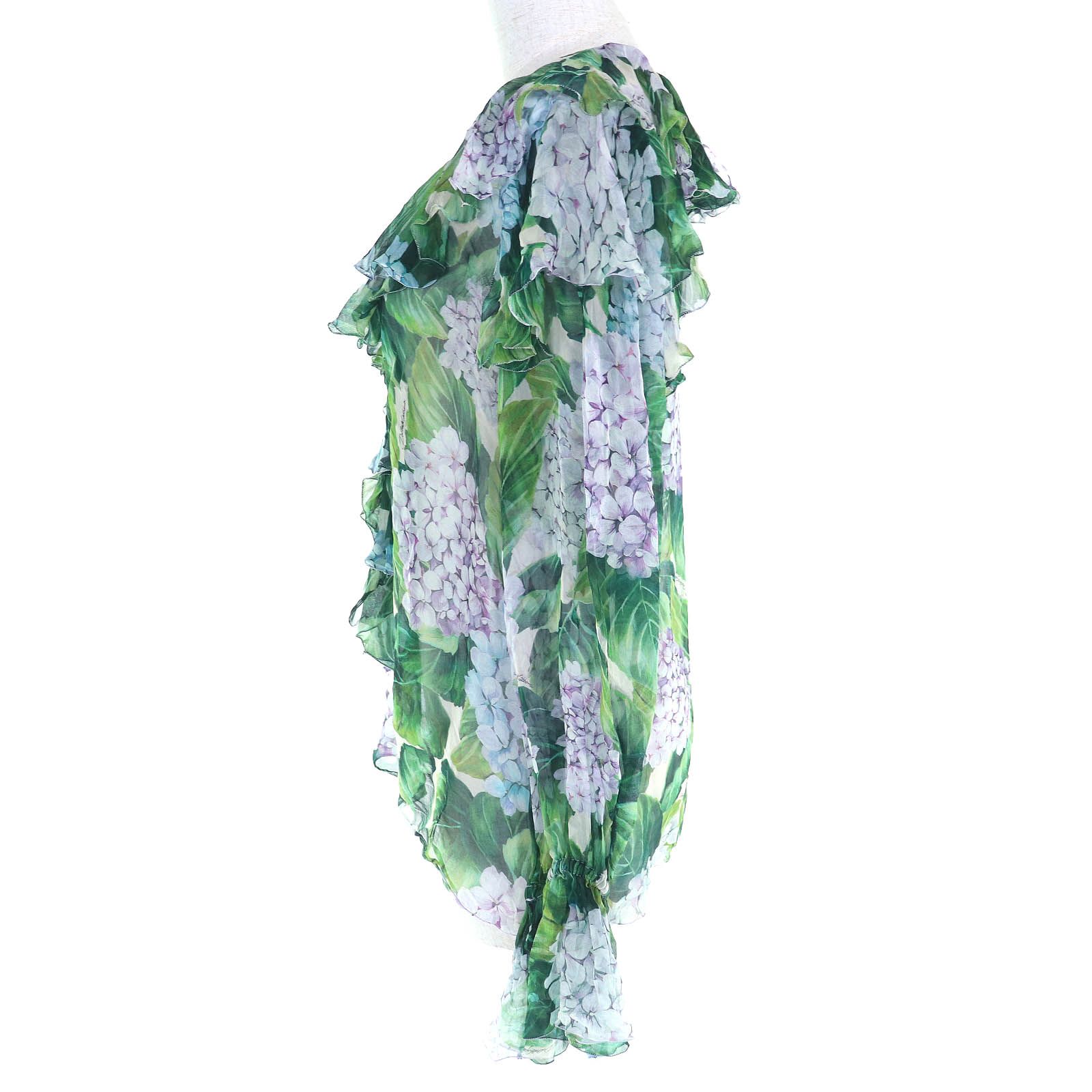 DOLCE-GABBANA ドルチェ＆ガッバーナ シルク100％ 黒タグ 紫陽花柄 フリルデザイン 長袖 ブラウス グリーン系 マルチ 38 イタリア製 レディース