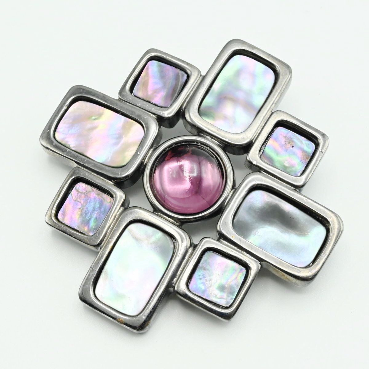 CELINE セリーヌ マザーオブパール ストーン メタル ブローチ シルバー ホワイトシェル ピンク K 11 001