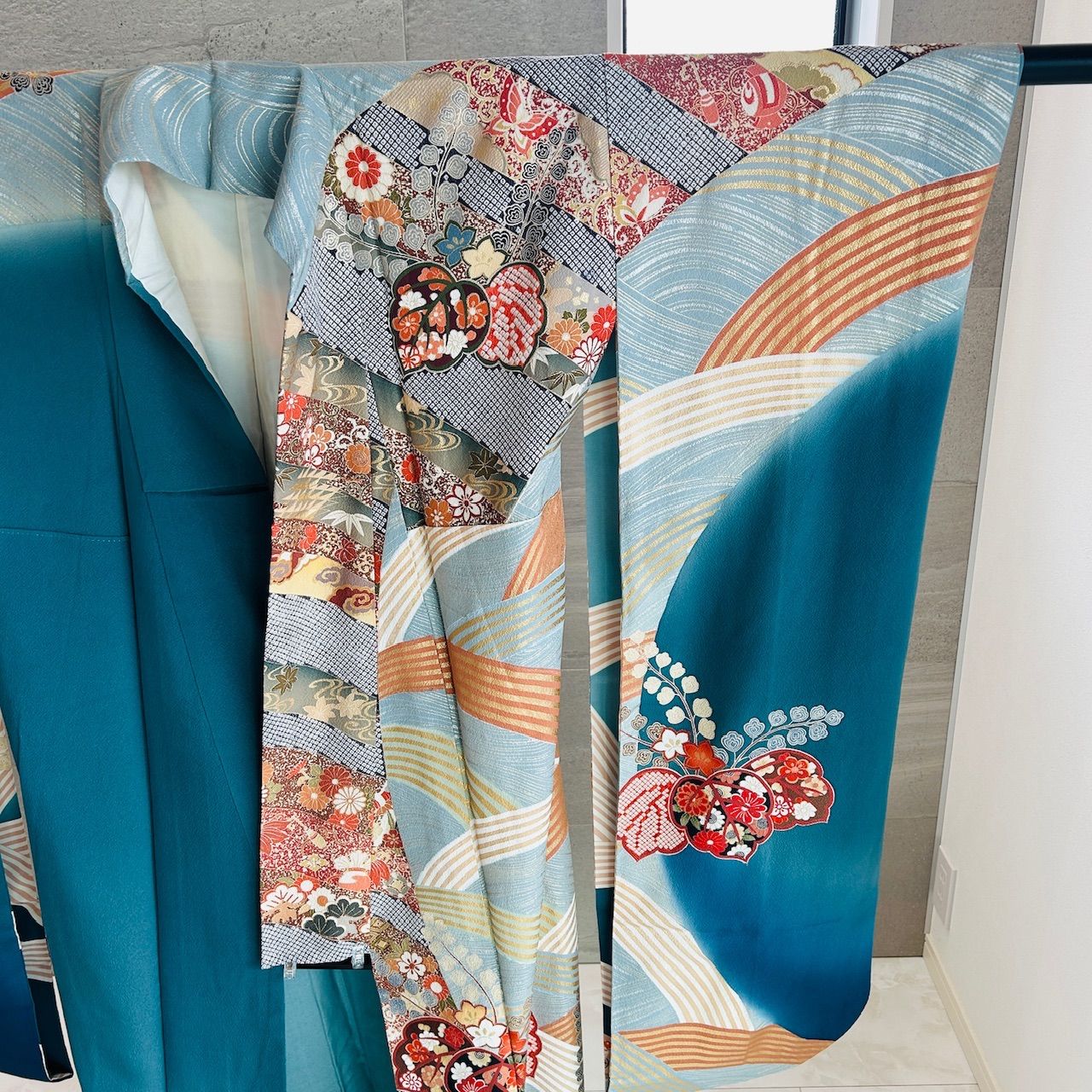 振袖 袋帯 セット 着物 帯 青系 オレンジ系 金糸 華やか 管理番号KKVMI 95 振袖 着物