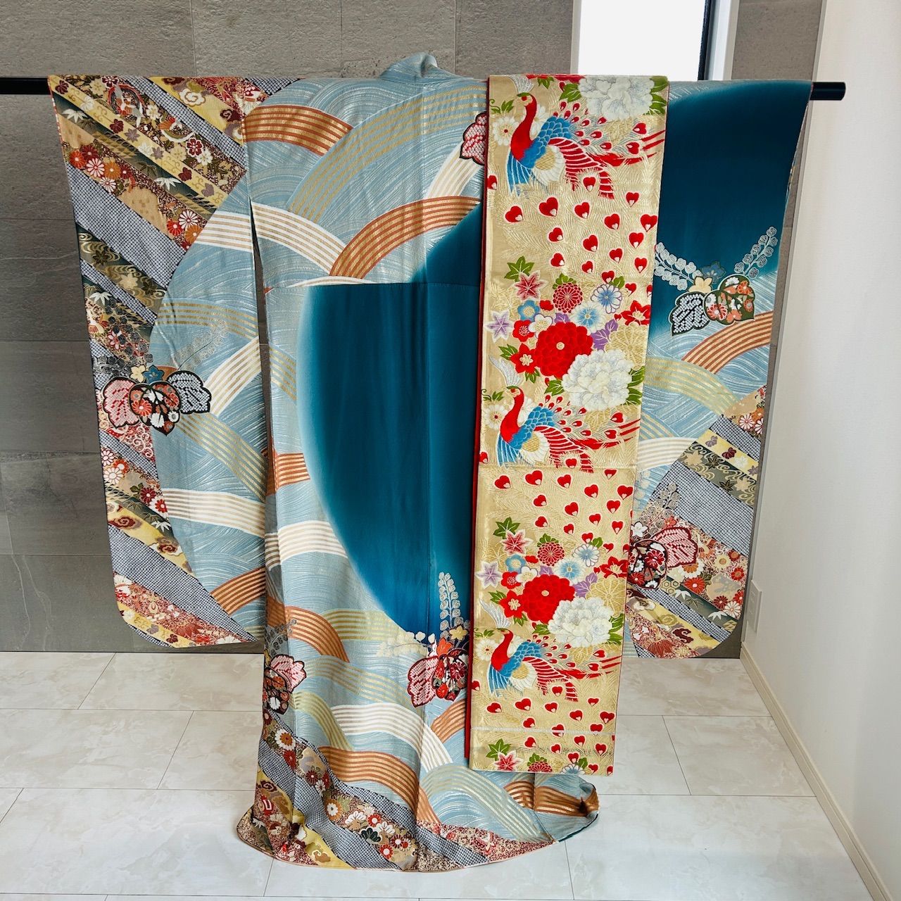 振袖 袋帯 セット 着物 帯 青系 オレンジ系 金糸 華やか 管理番号KKVMI 95