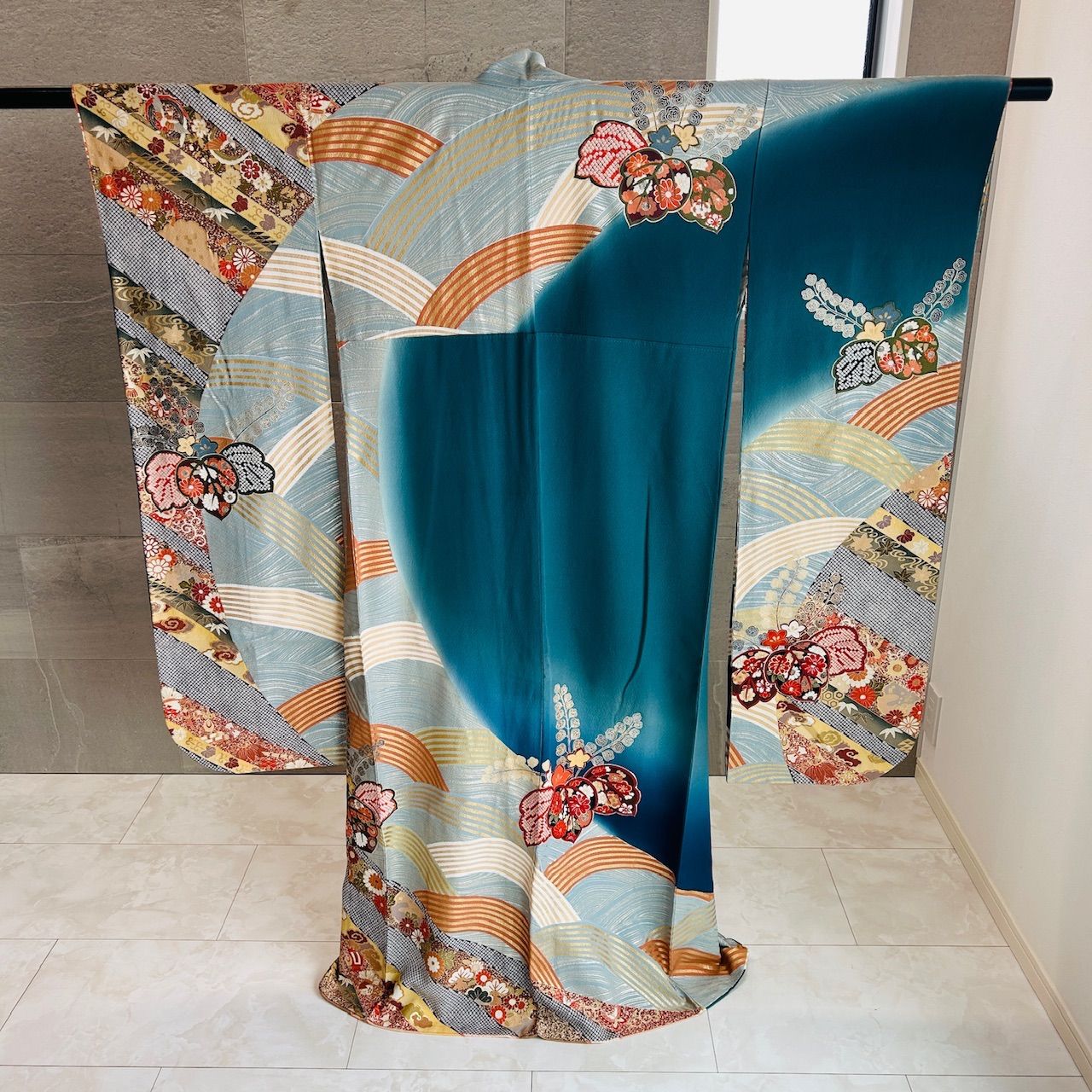 振袖 袋帯 セット 着物 帯 青系 オレンジ系 金糸 華やか 管理番号KKVMI 95