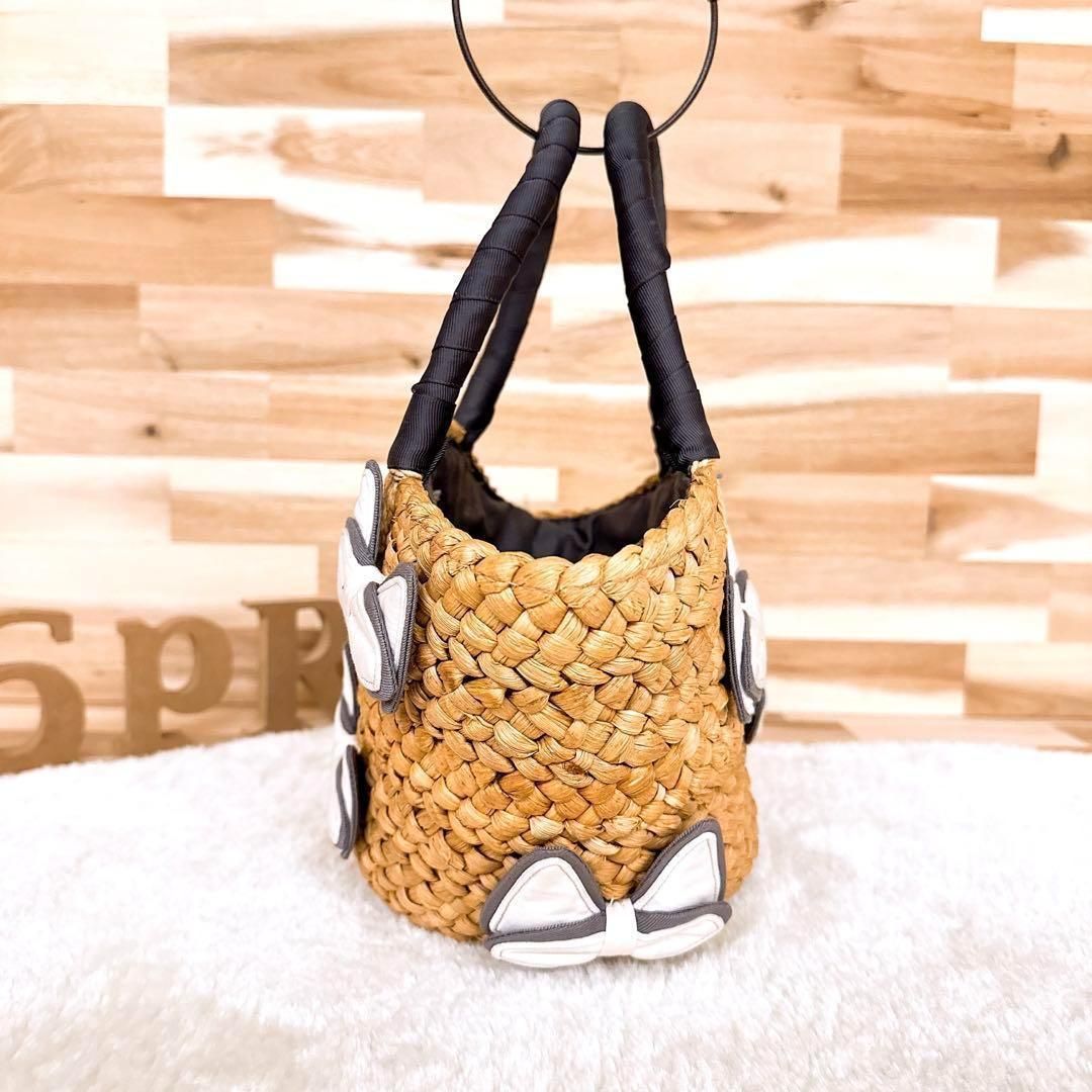 ラドロー】LUDLOW 猫 リボン かごバッグ トートバッグ ベージュ×グレー