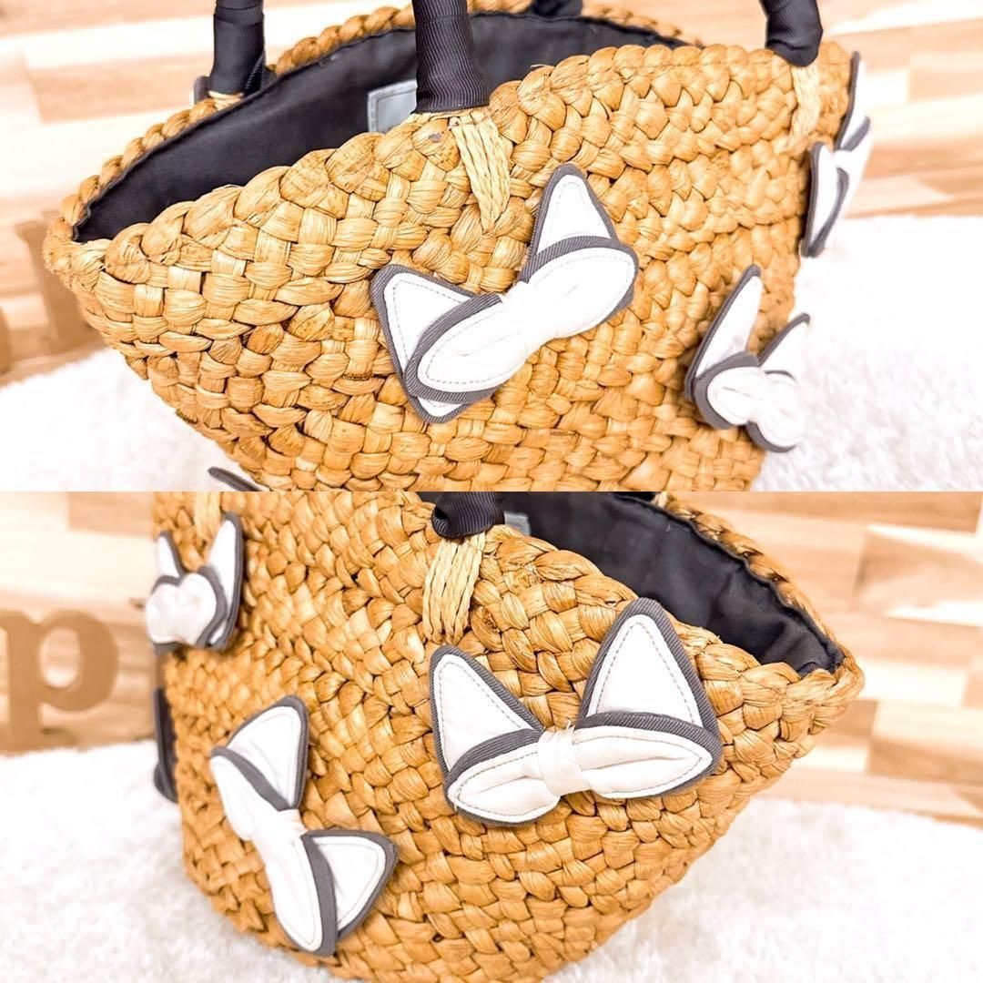 ラドロー】LUDLOW 猫 リボン かごバッグ トートバッグ ベージュ×グレー