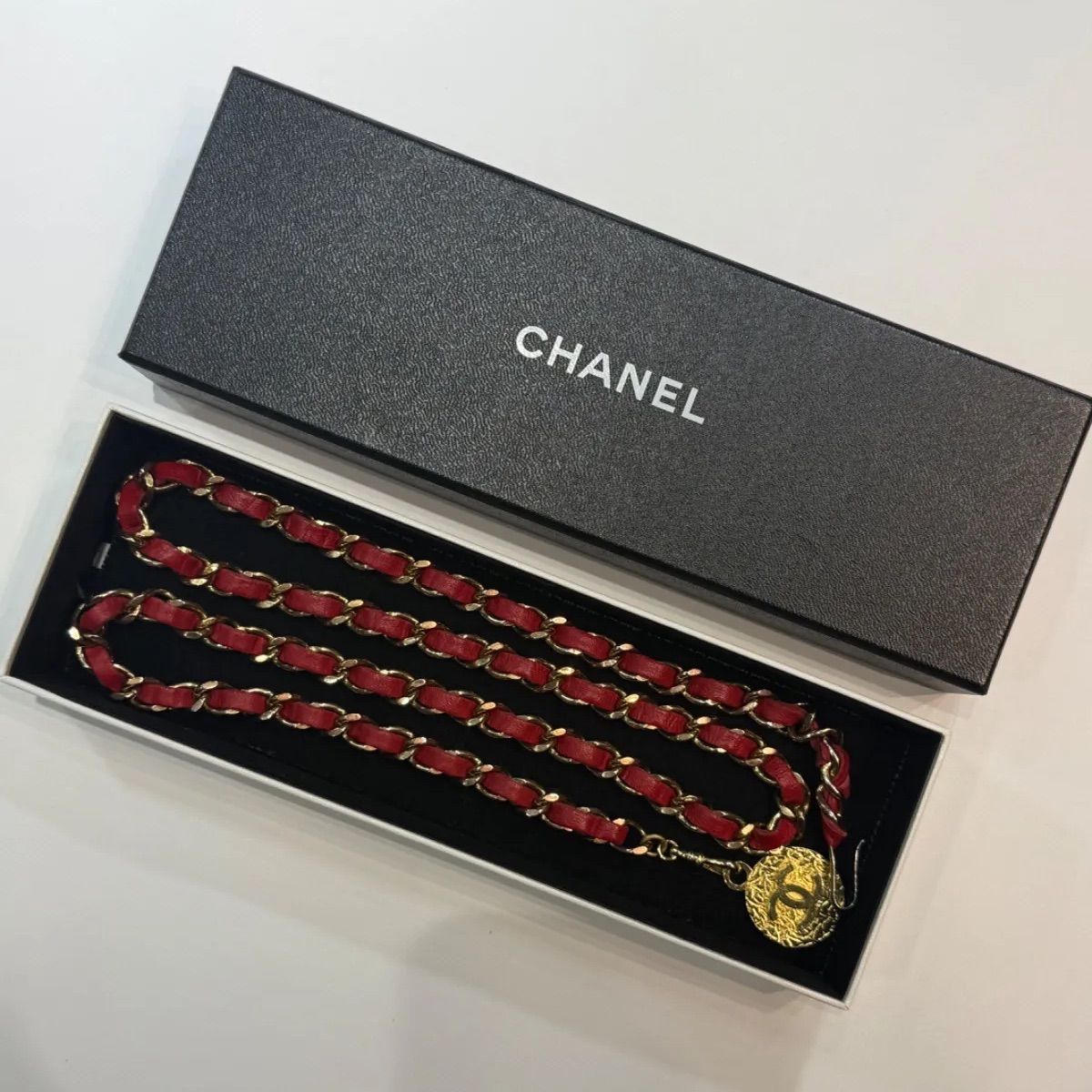 CHANEL シャネル レザー チェーン ベルト レッド