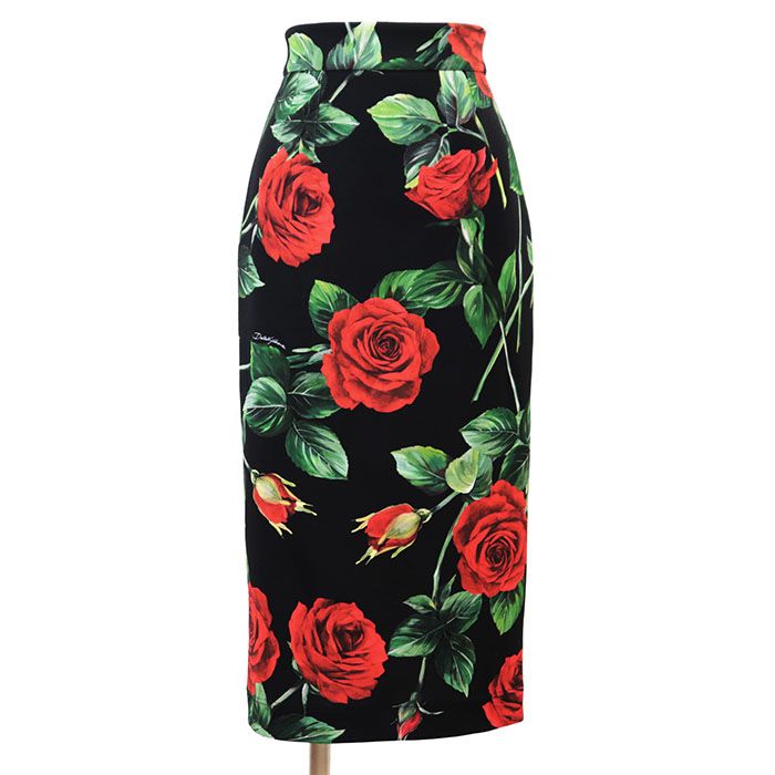 DOLCE-GABBANA ドルチェアンドガッバーナ タイトスカート ロゴ ローズ 薔薇 バラ柄 プリント スムースジャージー ストレッチ ポリエステル ボトムス レディース サイズ 38 ブラック 黒 イタリア製