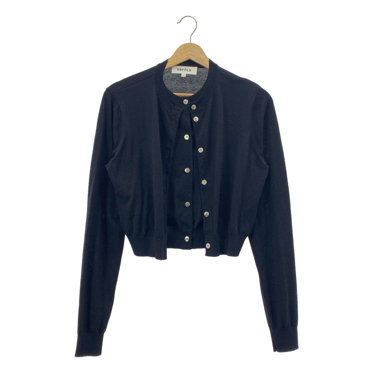ENFOLD エンフォルド シルク コットン フロントレイヤード クルーネック ニット カーディガン 38 ブラック レディース