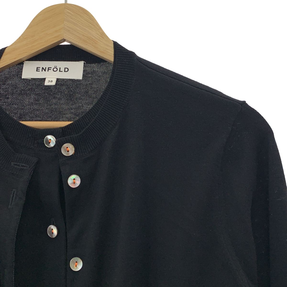 ENFOLD エンフォルド シルク コットン フロントレイヤード クルーネック ニット カーディガン 38 ブラック レディース
