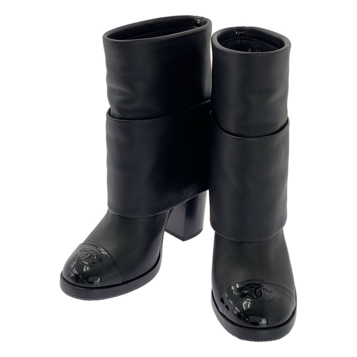 CHANEL シャネル ココマーク レイヤード ヒール ブーツ 38 C ブラック レディース