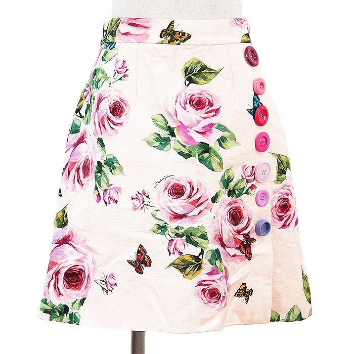 DOLCE-GABBANA ドルチェアンドガッバーナ スカート アソートボタン ジャガード ローズ バラ バタフライ 薔薇 蝶 コットン × シルク Aライン 台形 ボトムス レディース サイズ 42 ピンク 桃色 イタリア製
