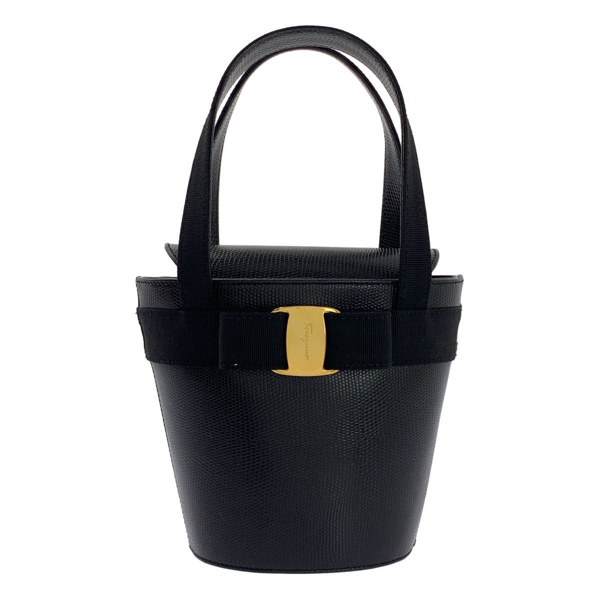 Salvatore Ferragamo サルヴァトーレフェラガモ レザー ヴァラリボン バケツ ハンド バッグ ロゴ総裏地 ブラック レディース