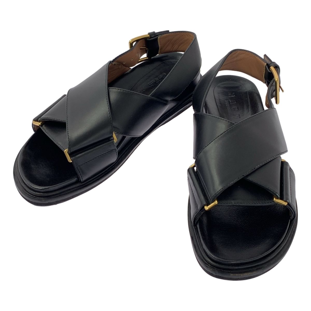 MARNI マルニ Fussbett フスベット レザー クロスベルト サンダル ブラック ゴールド レディース