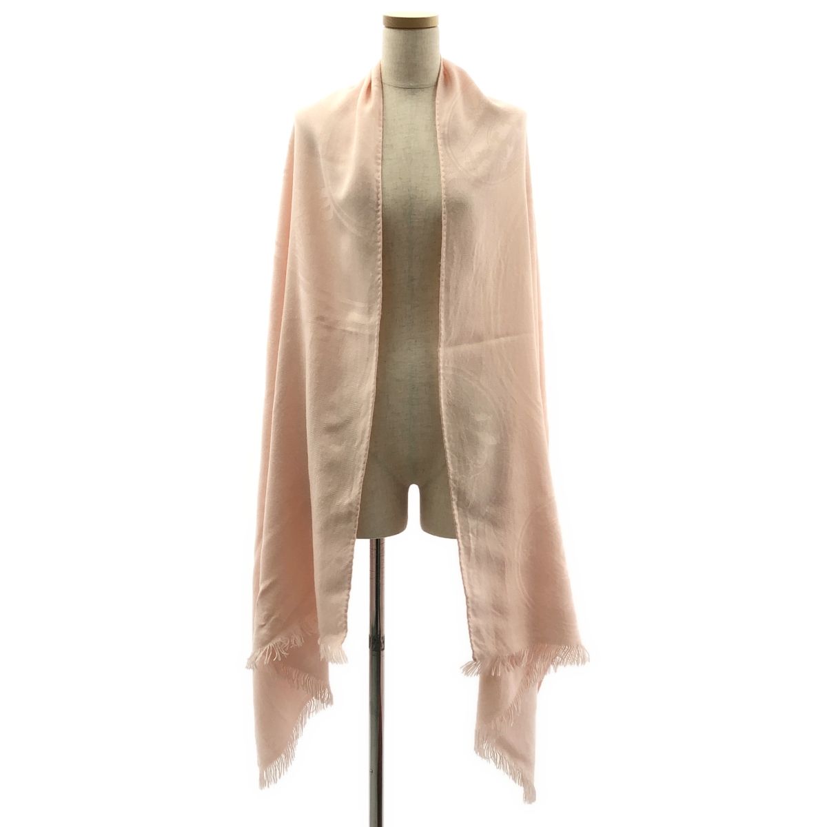 HERMES エルメス ニュー リブリス カシミヤ シルク ロゴ ジャガード 大判 フリンジ ストール マフラー ピンク
