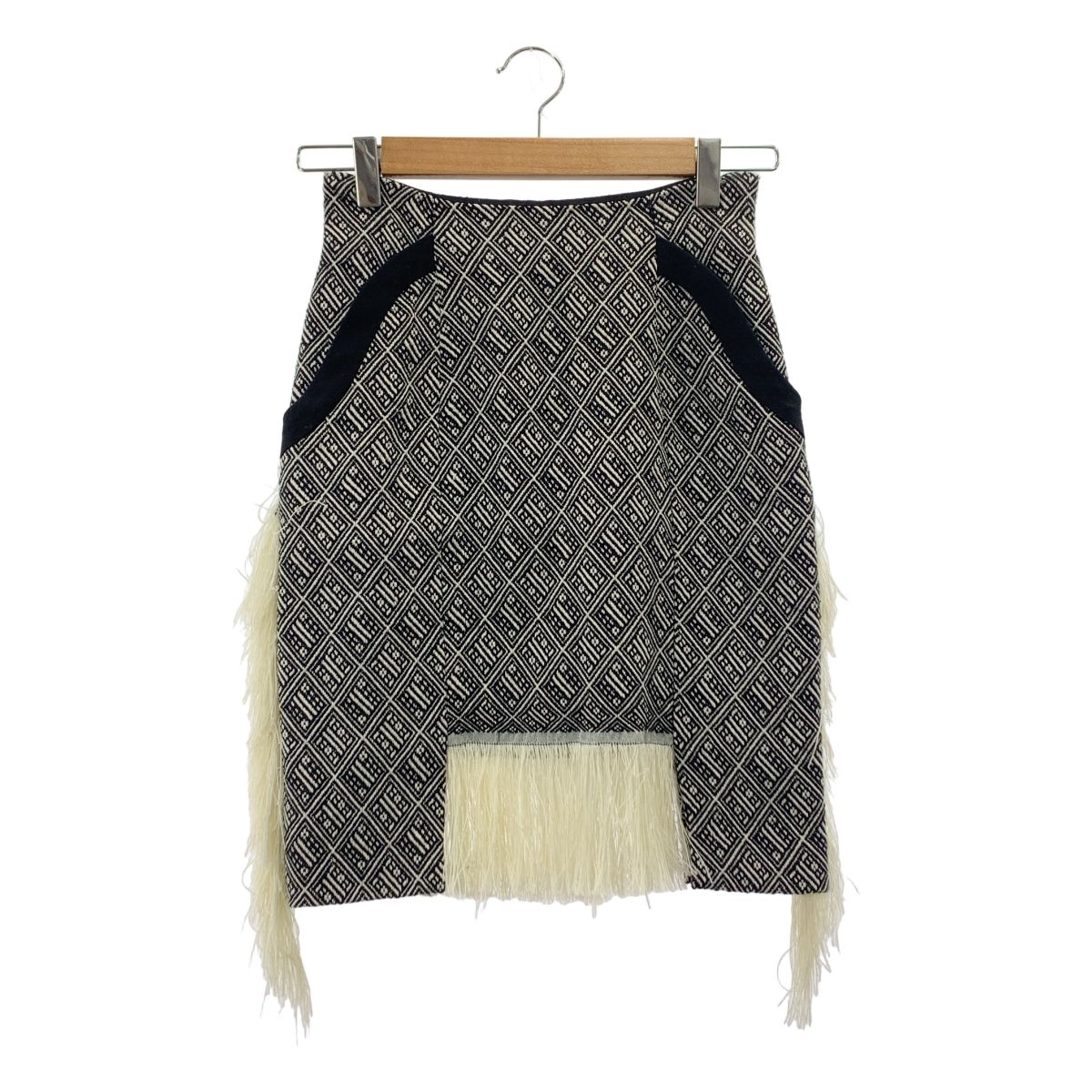 Mame Kurogouchi マメクロゴウチ ジャガード フリンジ バックジップ スカート 裏地付き 1 ブラック ホワイト レディース