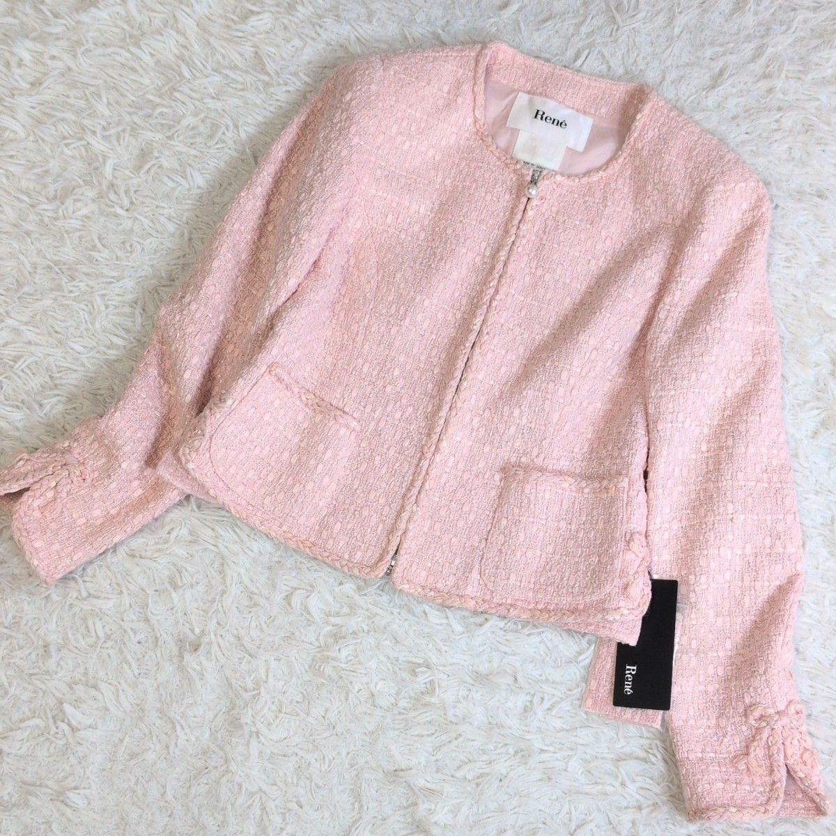 Rene ルネ TISSUE社 ツイードジャケット パールチャーム ノー リボン フルジップ ピンク 34 袖リボン フォーマル ビジネス 式典