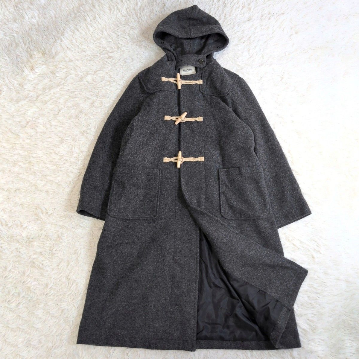 BEAMS BOY ビームスボーイ モッサーロングダッフルコート グレー ウール フード フーディ フード取り外し可 定番 カジュアル
