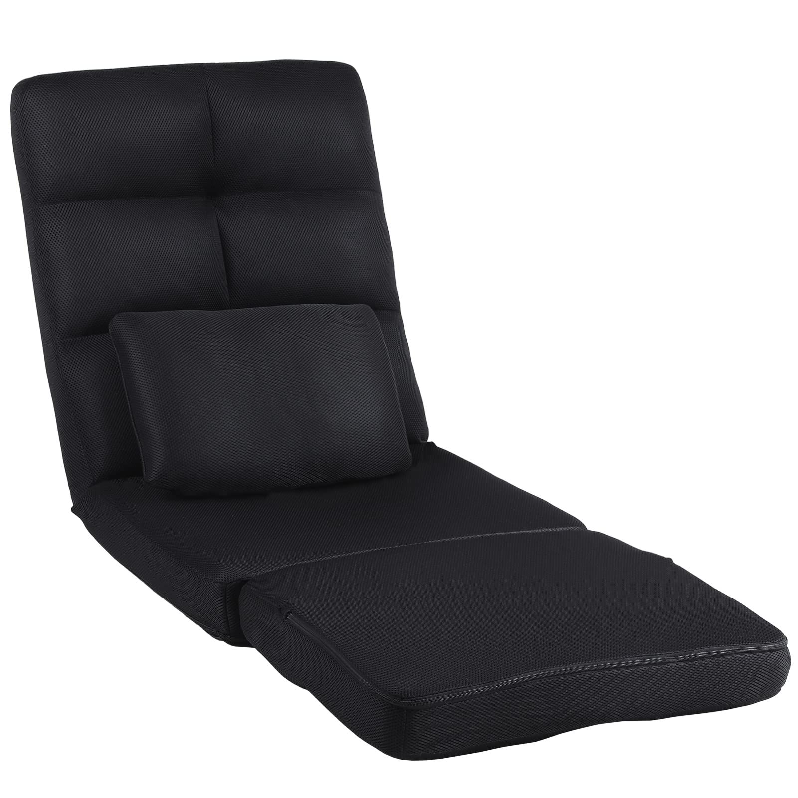 Urnodel 座椅子 リクライニング 一人用 座椅子ソファ 一人掛け フロアチェア 14段階 コンパクト 折りたたみ 低反発ウレタン クッション付き メッシュ生地 通気性 ブラック YS-15005 W-BK