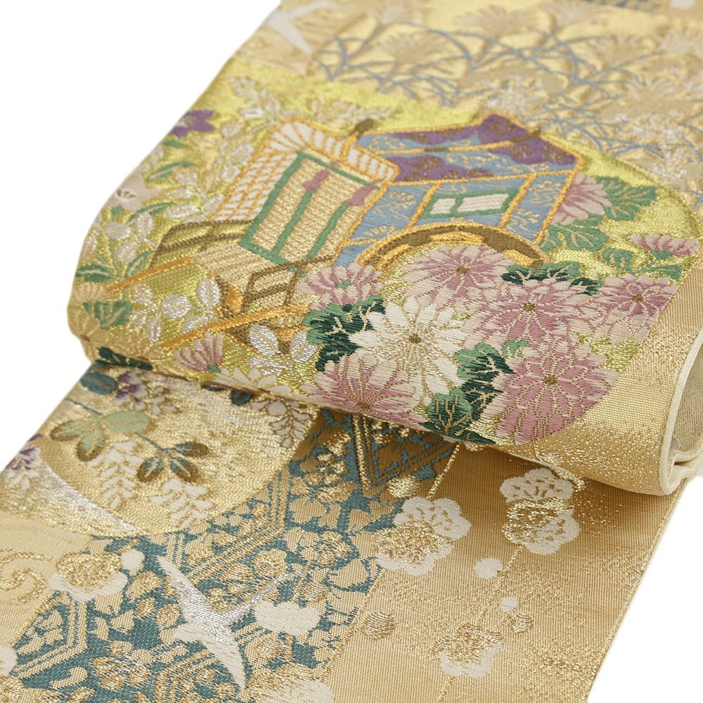 二重太鼓作り帯 金色雲取りに花車 ハンドメイド 二重太鼓作り帯 金色雲