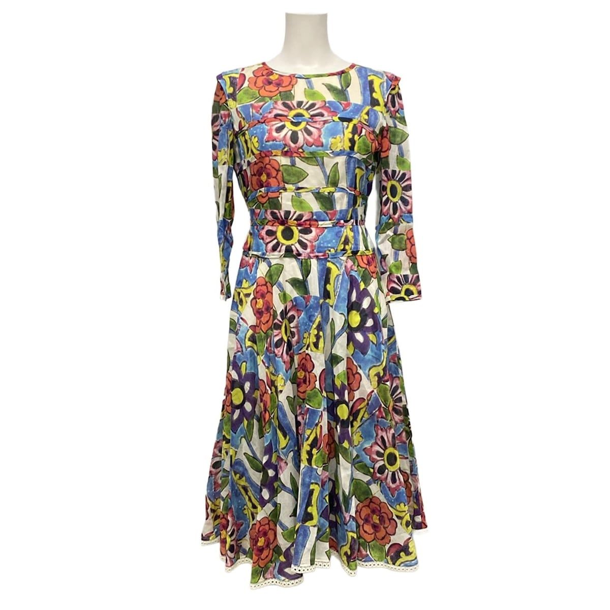 サマーセール！ CHANEL シャネル ワンピース サイズ38 M レディース P50766 ブルー×レッド×マルチ 七分袖 シースルー 花柄 レース コットン 完璧