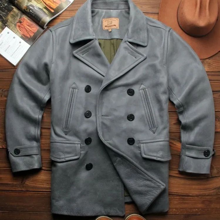 h 美式ヴィンテージ メンズ 本革コート|1.8mmワックス加工無塗装マット頭層牛革 丘吉ル海軍風 740 中長丈 秋冬 ビジネスカジュアル