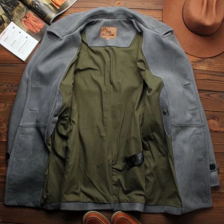h 美式ヴィンテージ メンズ 本革コート|1.8mmワックス加工無塗装マット頭層牛革 丘吉ル海軍風 740 中長丈 秋冬 ビジネスカジュアル