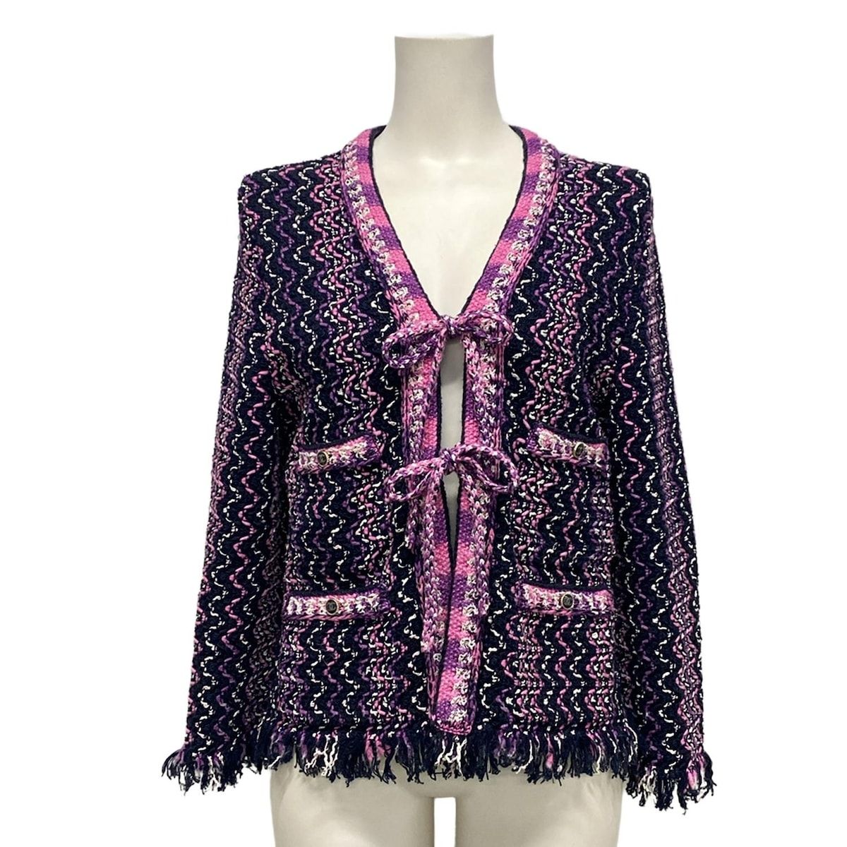 CHANEL シャネル カーディガン サイズ36 S レディース P70494 ダークネイビー×ピンク×白 フリンジ ココマークボタン コットン