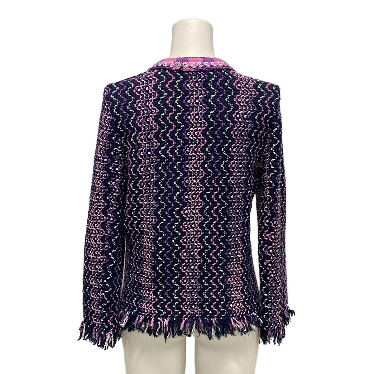 CHANEL シャネル カーディガン サイズ36 S レディース P70494 ダークネイビー×ピンク×白 フリンジ ココマークボタン コットン