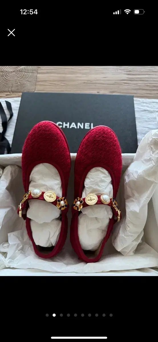 シャネル レッド ツイード バレリーナ フラット シューズ