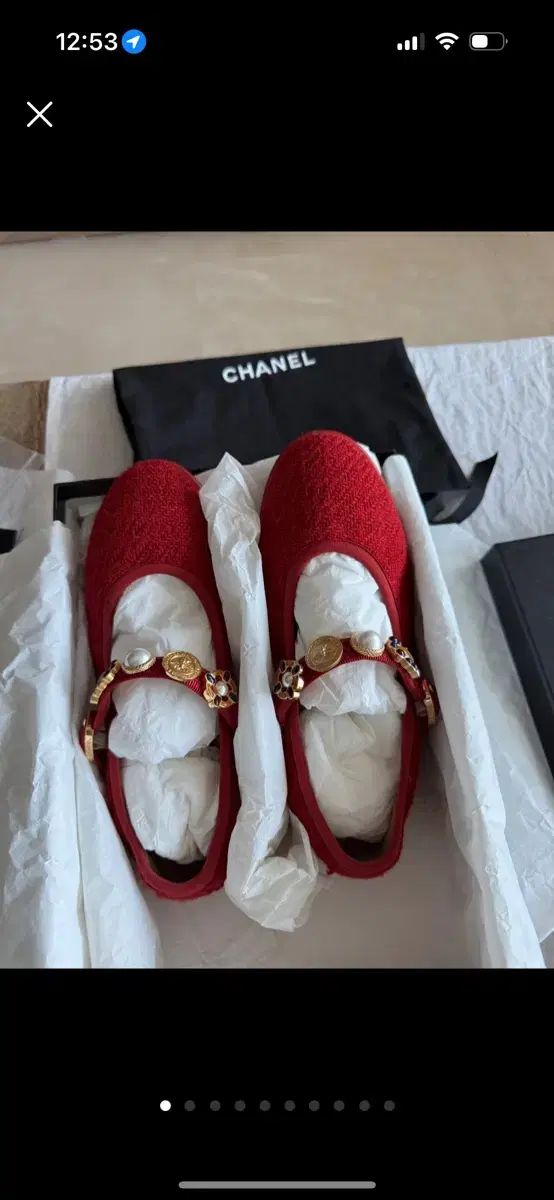 シャネル レッド ツイード バレリーナ フラット シューズ