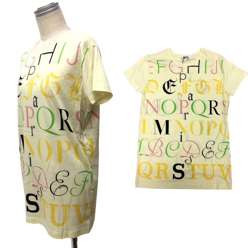 HERMES エルメス Tシャツ カットソー クルーネック 半袖 Sサイズ アルファベット柄 イエロー コットン aq11960