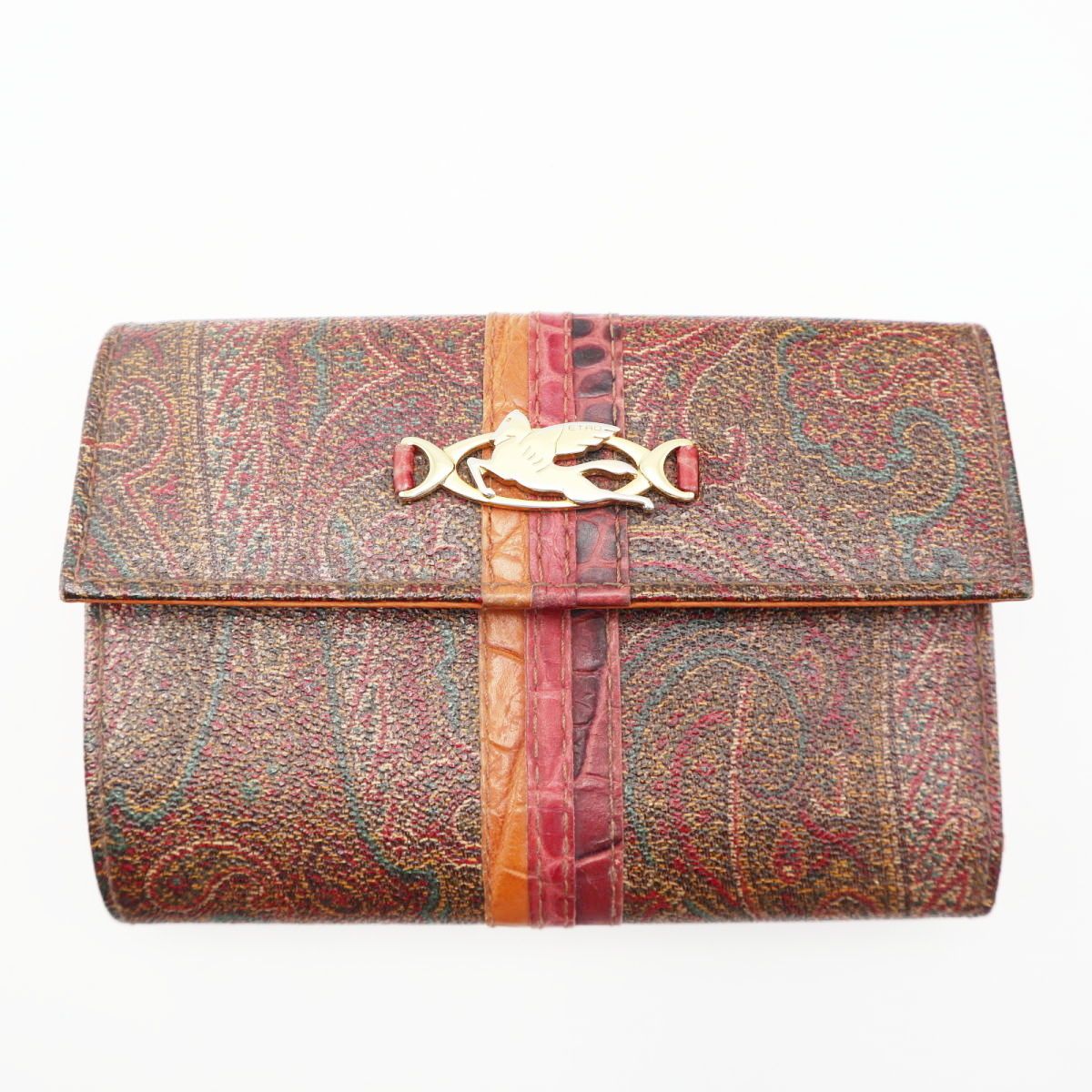 ETRO エトロ ペイズリー柄 ロゴプレート PVC レザー 三つ折り ホック財布 ブラウン チャ K11-k071