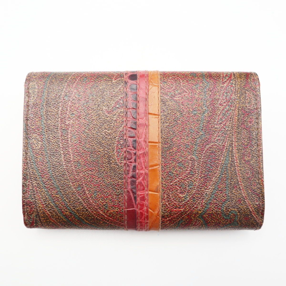 ETRO エトロ ペイズリー柄 ロゴプレート PVC レザー 三つ折り ホック財布 ブラウン チャ K 11-k 071