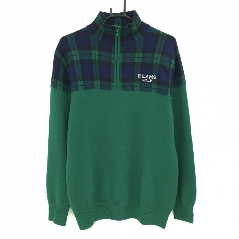 ビームスゴルフ ハイネックセーター グリーン×ネイビー 上部チェック ハーフジップ ウール混 ニット メンズ XL ゴルフウェア BEAMS GOLF