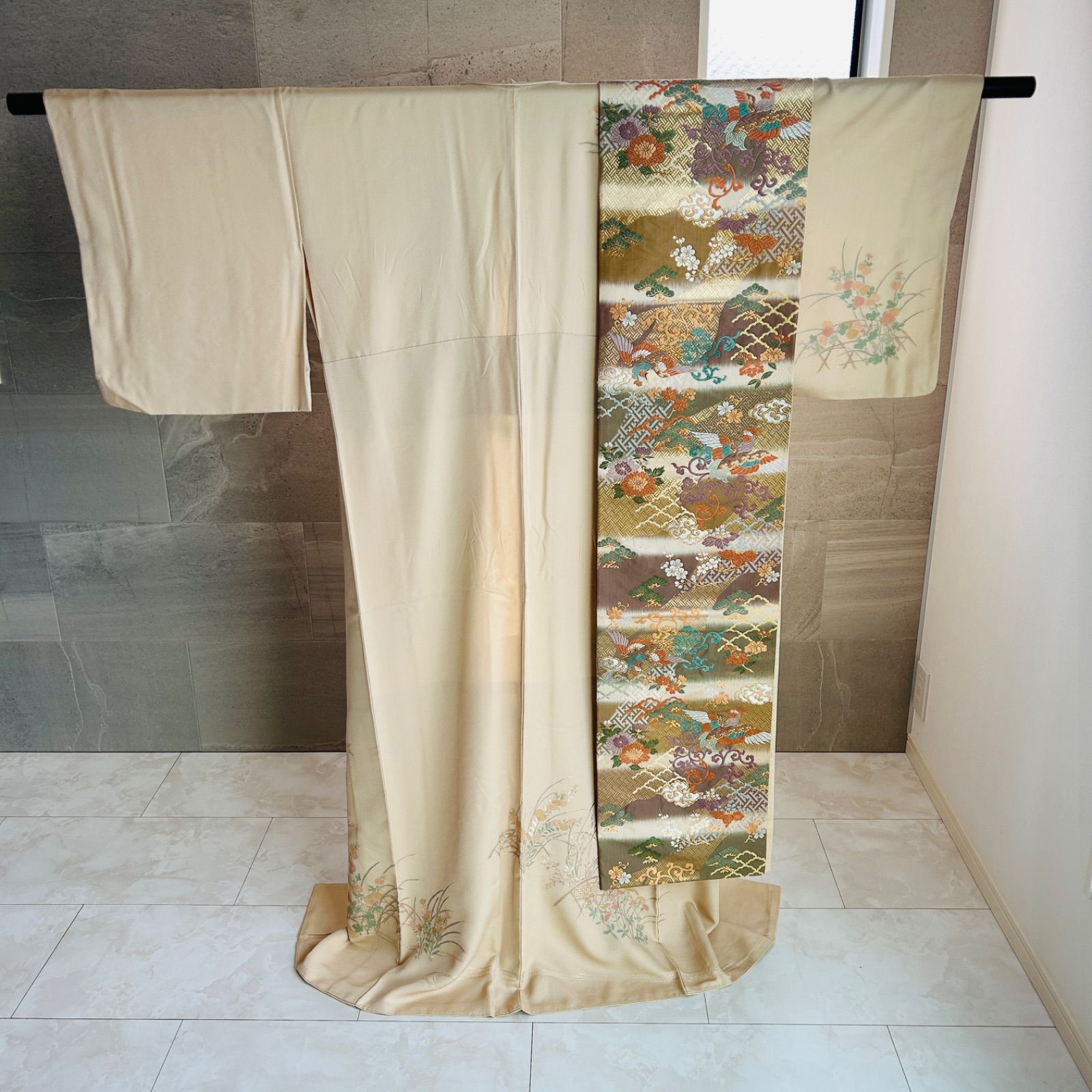 付け下げ 袋帯 セット 着物 帯 ベージュ系 花 鳥 上品 管理番号KKVMI 97