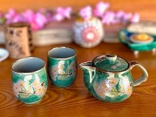 メーカー直送 九谷焼 急須3点セット 小 ソメイヨシノ緑塗り 裏絵