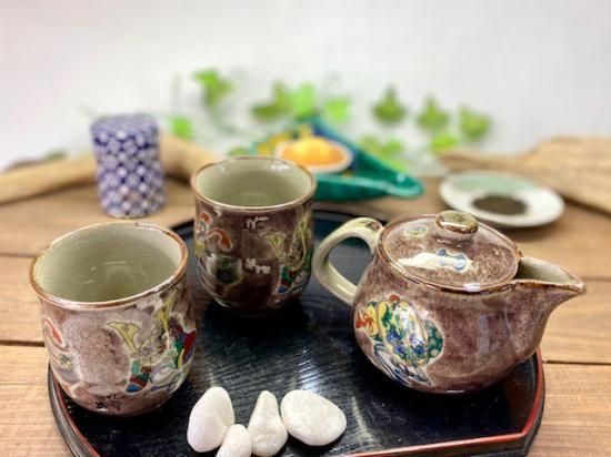 メーカー直送 九谷焼 急須3点セット 小 宝尽くし紫塗り 裏絵