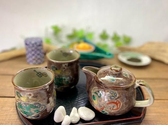 メーカー直送 九谷焼 急須3点セット 小 宝尽くし紫塗り 裏絵