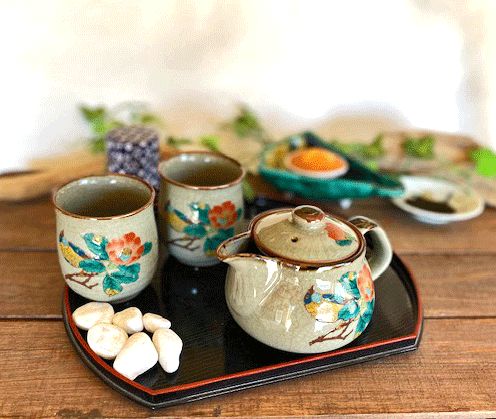 メーカー直送 九谷焼 急須3点セット 大 椿に鳥 裏絵