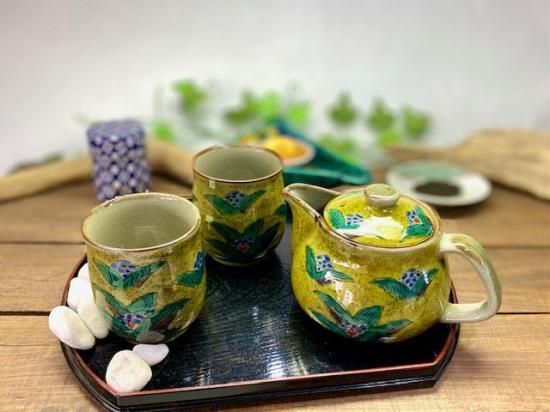 メーカー直送 九谷焼 急須3点セット 大 吉田屋万年青 裏絵