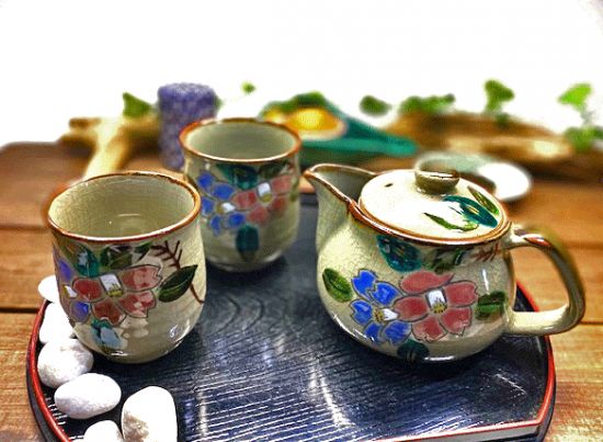 メーカー直送 九谷焼 急須3点セット 大 コンビ山茶花 裏絵