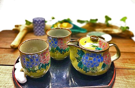 メーカー直送 九谷焼 急須3点セット 大 濃い塗り牡丹 裏絵