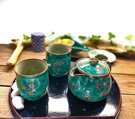 メーカー直送 九谷焼 急須3点セット 大 グリーン地桜 裏絵
